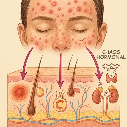 Illustration de fluctuations hormonales qui pilotent la production de sébum et les inflammations cutanées